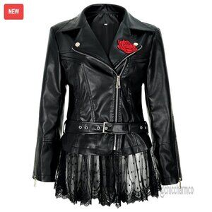 Faux Leather Moto Jacket Lace Peplum Vintage Riding Coat Gothic Steampunk